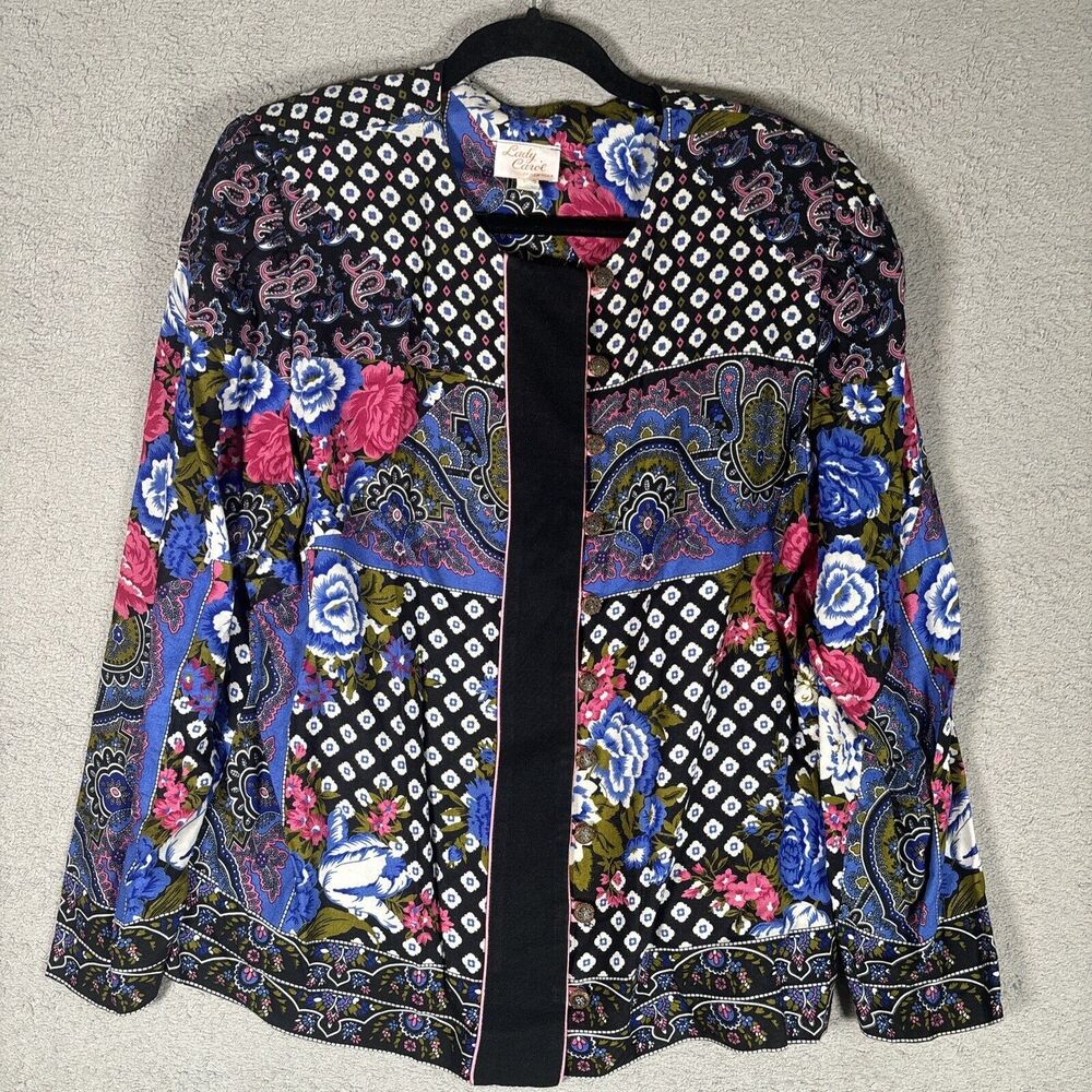 Vntg Lady Carolβ Of New York Blouse Button Up Paisley Floral Black Shoulder Pads